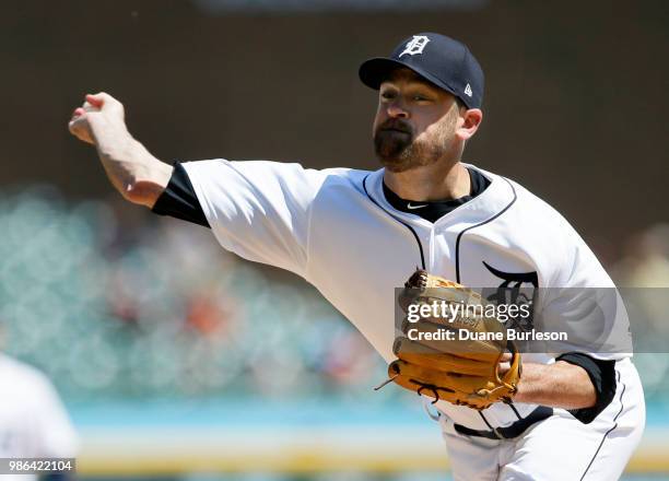 Louis Coleman of the Detroit Tigers pitches against the Oakland Athletics during the ninth inning at Comerica Park on June 28, 2018 in Detroit,...