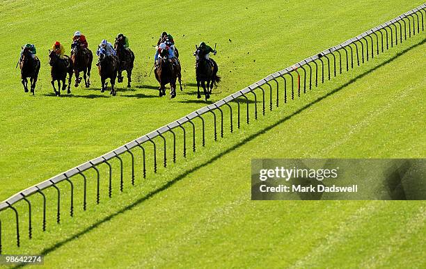 The field races down the home straight in the ESP Teckforce Handicap during the Greater Dandenong Race Day at Sandown Racecourse on April 24, 2010 in...