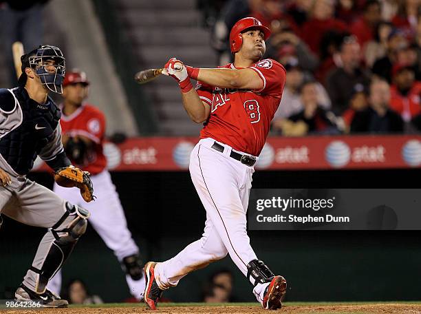 Kendry Morales of the Los Angeles Angels of Anaheim hits a two run home run to break a 4-4 tie in the eighth inning against the New York Yankees on...