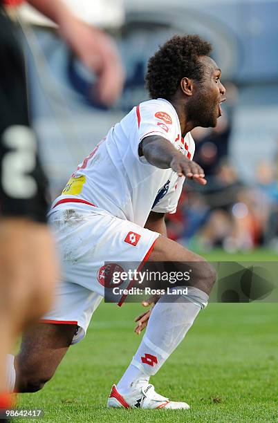 Benjamin Totori of Waitakere United clebrates scoring goal during the New Zealand Football Championship Final at Fred Taylor Park on April 24, 2010...