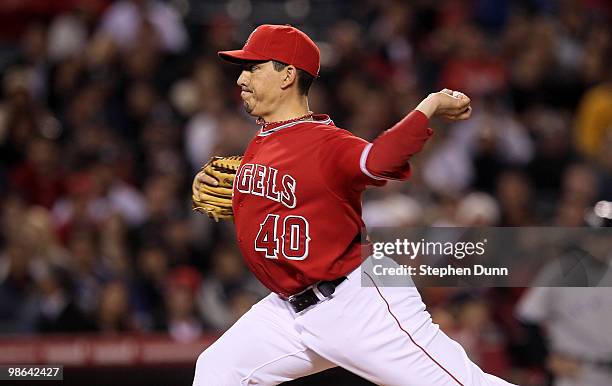 Closer Brian Fuentes of the Los Angeles Angels of Anaheim throws a pitch in the ninth inning on his way to picking up a save against the New York...
