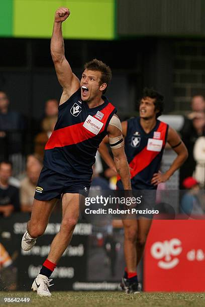 Dean Polo of the Tigers celebrates a goal and winning the game during the round three VFL match between the Coburg Tigers and the Box Hill Hawks at...