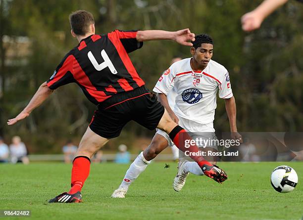 Roy Krishna of Waitakere United competes with Gareth Rowe of Canterbury United during the New Zealand Football Championship Final at Fred Taylor Park...