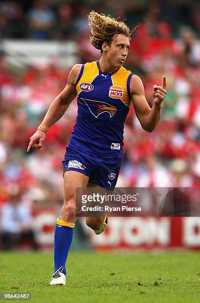 Matt Priddis of the Eagles celebrates a goal of the Eagles during the round five AFL match between the Sydney Swans and the West Coast Eagles at the...