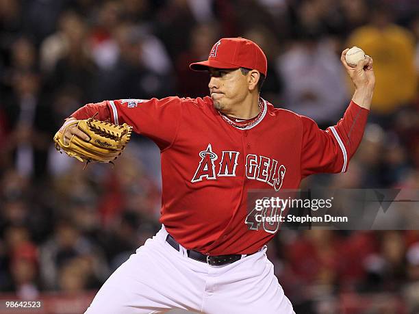 Closer Brian Fuentes of the Los Angeles Angels of Anaheim throws a pitch in the ninth inning on his way to picking up a save against the New York...