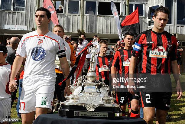 Jake Butler captain of Waitakere United and Dan Terris captain of Canterbury United lead their players onto the field captain for the New Zealand...