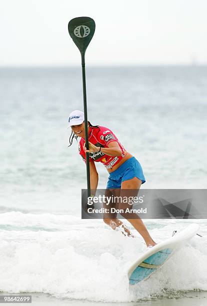 Layne Beachley competes in the paddle-board competition during the Beachley Classic Celebrity Challenge at Dee Why Beach on April 24, 2010 in Sydney,...