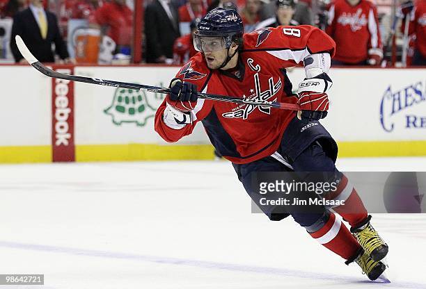 Alex Ovechkin of the Washington Capitals skates against the Montreal Canadiens in Game Five of the Eastern Conference Quarterfinals during the 2010...