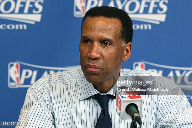 Adrian Dantley Assistant Coach of the Denver Nuggets answers questions during a post game interview after losing to the Utah Jazz 93-105 in Game...