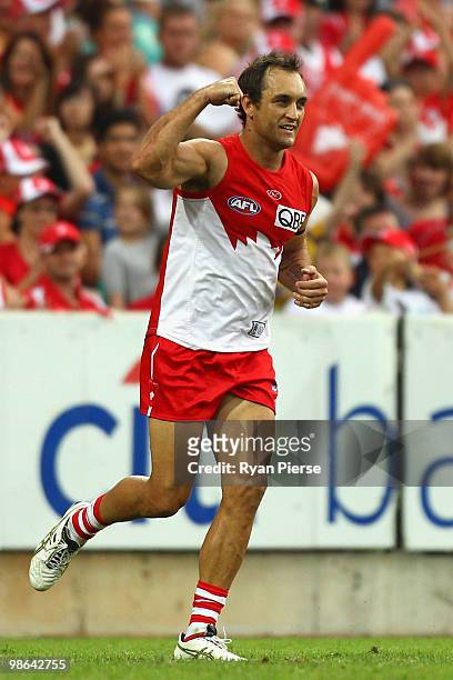Daniel Bradshaw of the Swans celebrates a goal during the round five AFL match between the Sydney Swans and the West Coast Eagles at the Sydney...