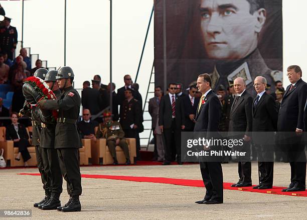 New Zealand Prime Minister John Key lays a wreath at the Turkish Commemorative Service on April 24, 2010 in Gallipoli, Turkey. April 25 will...