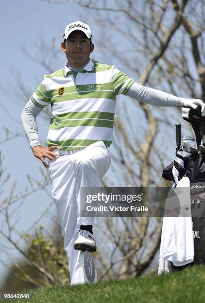 Pablo Larrazabal of Spain waits to play on the 12th tee during the Round Two of the Ballantine's Championship at Pinx Golf Club on April 24, 2010 in...