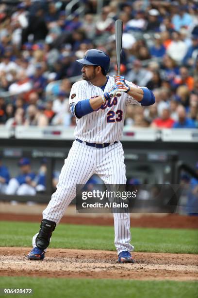 Adrian Gonzalez of the New York Mets bats against the Chicago Cubs during their game at Citi Field on June 3, 2018 in New York City.