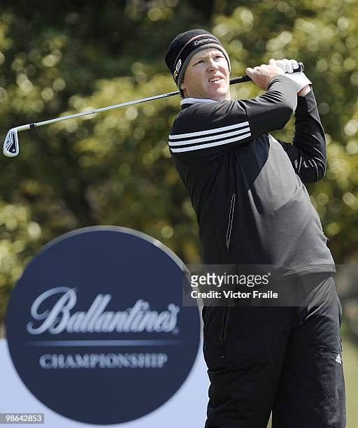 Marcus Fraser of Australia tees off on the 14th hole during the Round Two of the Ballantine's Championship at Pinx Golf Club on April 24, 2010 in...