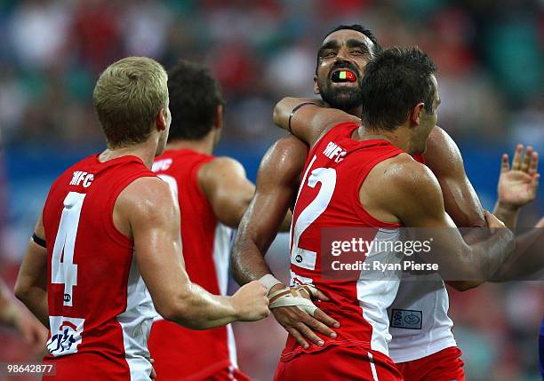 Adam Goodes of the Swans celebrates a goal during the round five AFL match between the Sydney Swans and the West Coast Eagles at the Sydney Cricket...