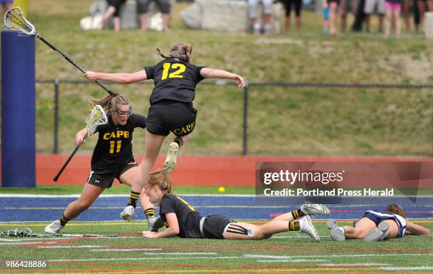 The state class B Girls State championships lacrosse game between Cape Elizabeth and Yarmouth at Fitzpatrick Stadium. Cape Elizabeth's, Cloe Chapin,...