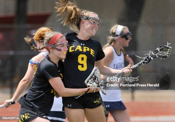The state class B Girls State championships lacrosse game between Cape Elizabeth and Yarmouth at Fitzpatrick Stadium. Cape's, Emily Healy, shares her...