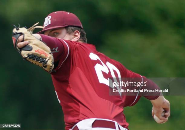 Bangor pitcher Zachary Cowperthwaite winds up during the Class A state baseball championship against Gorham at St. Joseph's College in Standish on...