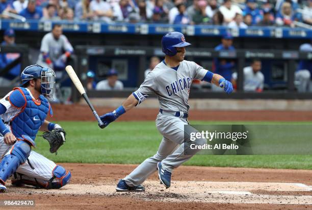 Tommy La Stella of the Chicago Cubs bats against the New York Mets during their game at Citi Field on June 3, 2018 in New York City.