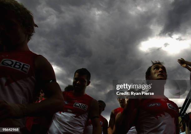 Daniel Bradshaw of the Swans leaves the ground after the round five AFL match between the Sydney Swans and the West Coast Eagles at the Sydney...