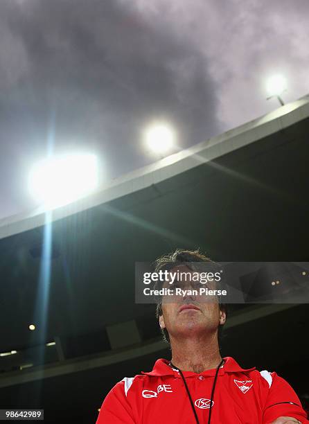 Paul Roos, coach of the Swans, looks on after the round five AFL match between the Sydney Swans and the West Coast Eagles at the Sydney Cricket...