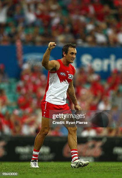 Daniel Bradshaw of the Swans celebrates a goal during the round five AFL match between the Sydney Swans and the West Coast Eagles at the Sydney...