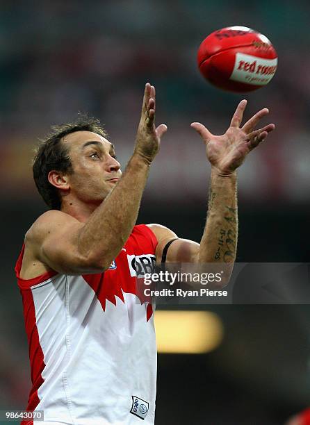 Daniel Bradshaw of the Swans marks during the round five AFL match between the Sydney Swans and the West Coast Eagles at the Sydney Cricket Ground on...