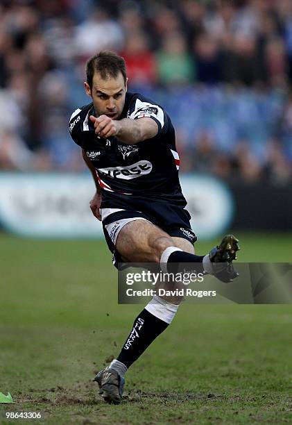 Charlie Hodgson of Sale takes a penalty during the Guinness Premiership match between Sale Sharks and Newcastle Falcons at Edgeley Park on April 23,...