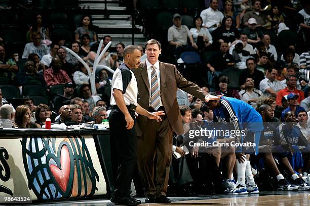 Head coach Rich Carlisle of the Dallas Mavericks questions a call in the game against the San Antonio Spurs in Game Three of the Western Conference...