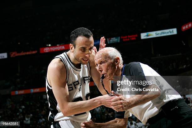 Manu Ginobili of the San Antonio Spurs questions a lack of a call by NBA offical Dick Bavetta in the game against the Dallas Mavericks in Game Three...