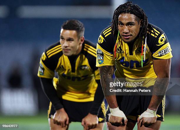 Tamati Ellison and Ma'a Nonu of the Hurricanes line up the defence during the round 11 Super 14 match between the Highlanders and the Hurricanes at...