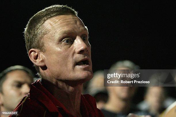 Coach Guy McKenna of the Gold Coast talks to his players during the round three VFL match between the Werribee Tigers and the Gold Coast at Chirnside...