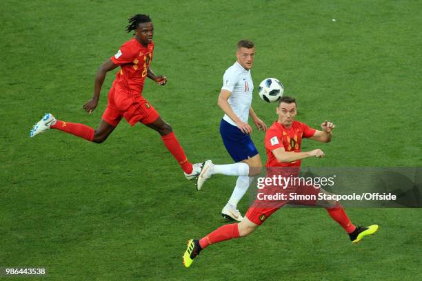 Jamie Vardy of England battles with Dedryck Boyata of Belgium and Thomas Vermaelen of Belgium during the 2018 FIFA World Cup Russia Group G match...