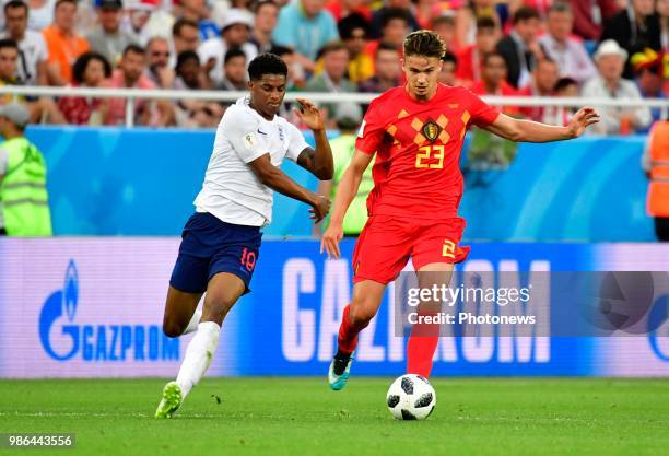 Marcus Rashford forward of England, Leander Dendoncker midfielder of Belgium during the FIFA 2018 World Cup Russia group G phase match between...