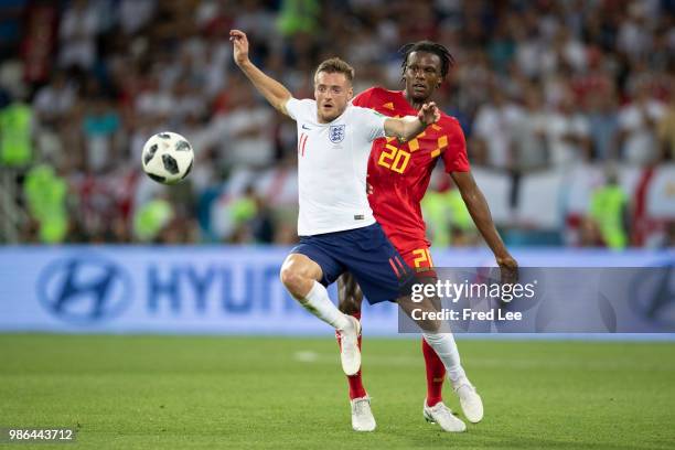 England's forward Jamie Vardy vies with Belgium's defender Dedryck Boyata during the Russia 2018 World Cup Group G football match between England and...