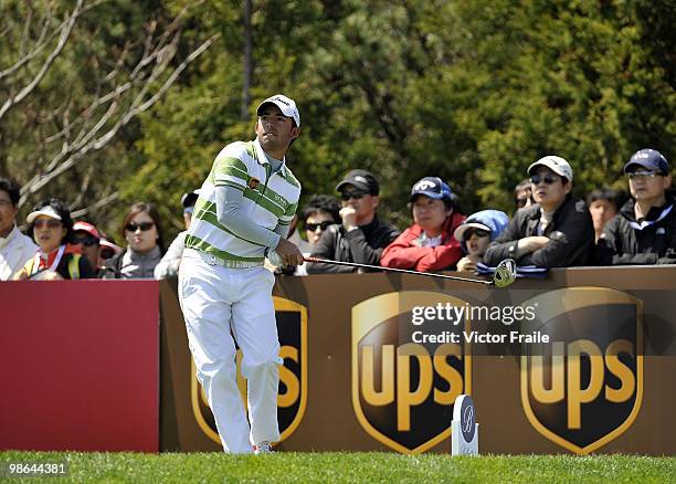 Pablo Larrazabal of Spain tees off on the 16th hole during the Round Two of the Ballantine's Championship at Pinx Golf Club on April 24, 2010 in Jeju...