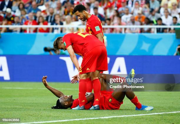 Michy Batshuayi forward of Belgium, Leander Dendoncker midfielder of Belgium during the FIFA 2018 World Cup Russia group G phase match between...