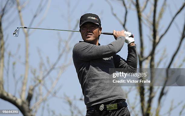 Hideto Tanihara of Japan tees off on the 12th hole during the Round Two of the Ballantine's Championship at Pinx Golf Club on April 24, 2010 in Jeju...