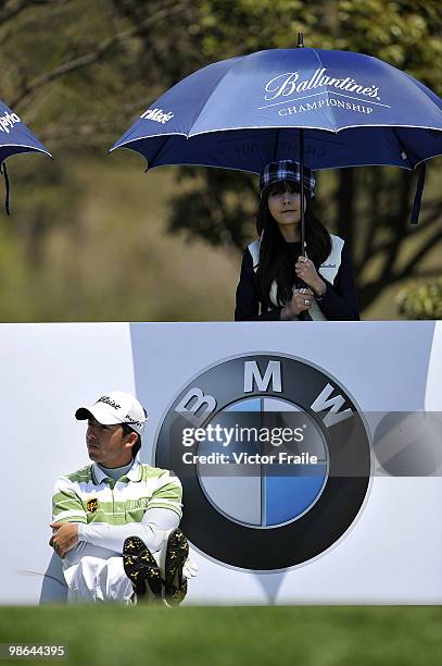 Pablo Larrazabal of Spain waits to play on the 14th tee during the Round Two of the Ballantine's Championship at Pinx Golf Club on April 24, 2010 in...