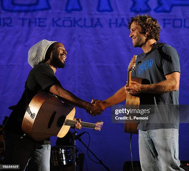 Ziggy Marley and Jack Johnson shake hands after performing together at the Kokua Festival 2010 on April 23, 2010 in Honolulu, Hawaii.