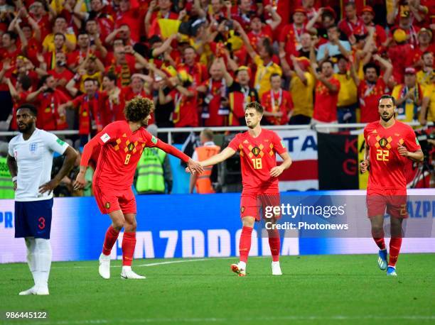 Marouane Fellaini midfielder of Belgium, Adnan Januzaj midfielder of Belgium during the FIFA 2018 World Cup Russia group G phase match between...