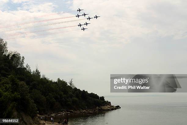 Turkish jets perform a fly past at the Turkish Commemorative Service on April 24, 2010 in Gallipoli, Turkey. April 25 will commemorate the 95th...