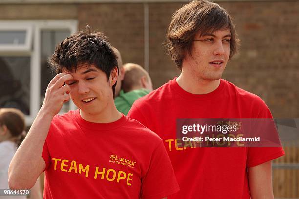 Young Labour party supporters await the arrival of Prime Minister Gordon Brown at Lodge Park Technology College on April 24, 2010 in Corby, England....