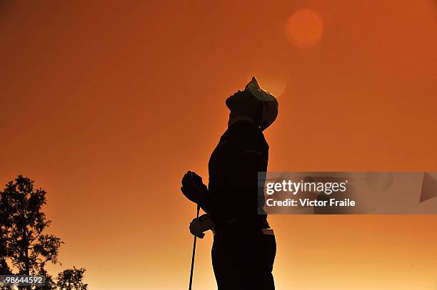 Kang Kyung-nam of Korea reacts to his tees off on the 18th green during the Round Two of the Ballantine's Championship at Pinx Golf Club on April 24,...