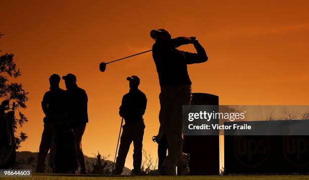 Kwon Myung-ho of Korea tees off on the 18th green during the Round Two of the Ballantine's Championship at Pinx Golf Club on April 24, 2010 in Jeju...