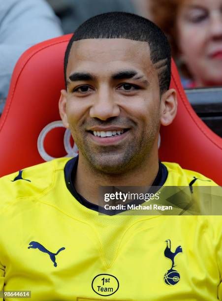 Aaron Lennon of Tottenham Hotspur looks on from the bench prior to the Barclays Premier League match between Manchester United and Tottenham Hotspur...