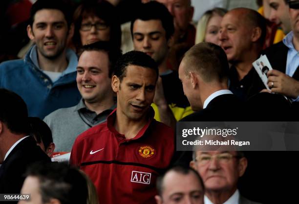 Rio Ferdinand of Manchester United takes his seat in the stands prior to the Barclays Premier League match between Manchester United and Tottenham...