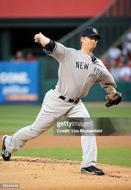 Burnett of the New York Yankees pitches against the Los Angeles Angels of Anaheim on April 23, 2010 in Anaheim, California.