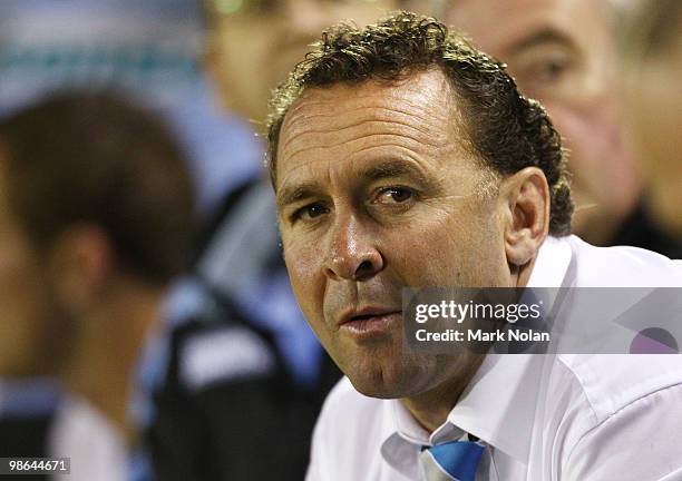 Sharks coach Ricky Stuart watches on during the round seven NRL match between the Cronulla Sharks and the Newcastle Knights at Toyota Stadium on...