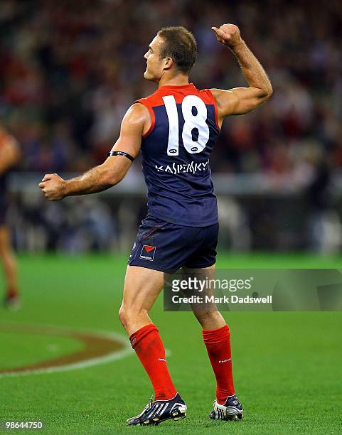 Brad Green of the Demons celebrates during the round five AFL match between the Melbourne Demons and the Brisbane Lions at Melbourne Cricket Ground...